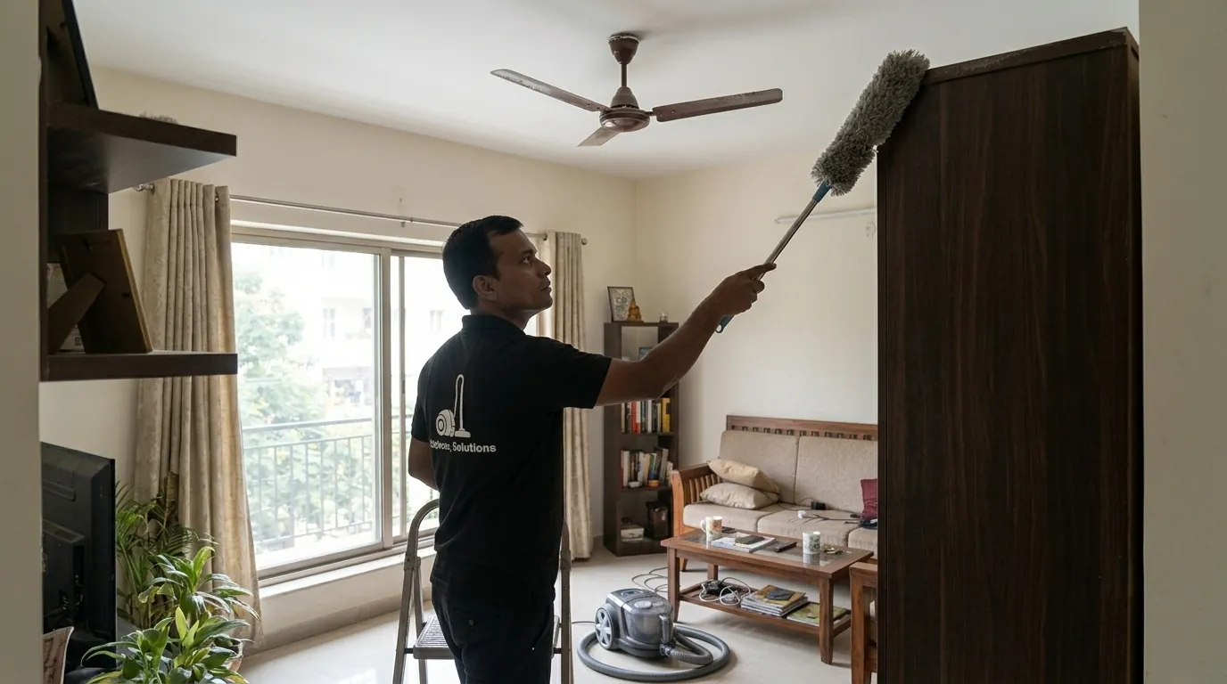 Professional high-surface dust cleaning inside a Hyderabad apartment Professional high-surface dust cleaning inside a Hyderabad apartment